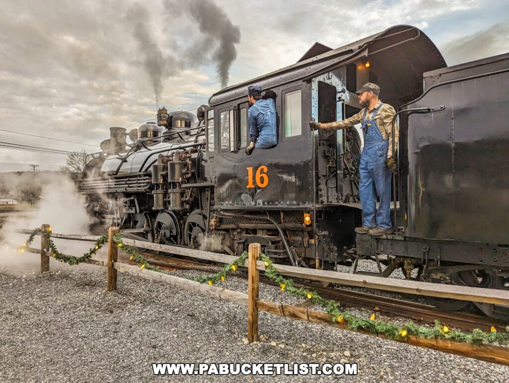 A train conductor stands on the platform of a vintage black steam locomotive, number 16, at the East Broad Top Railroad in Huntingdon County, Pennsylvania. He is dressed in traditional denim overalls and a cap, ready to assist passengers. Steam envelops the train, creating a dynamic and atmospheric scene at the historic railroad.