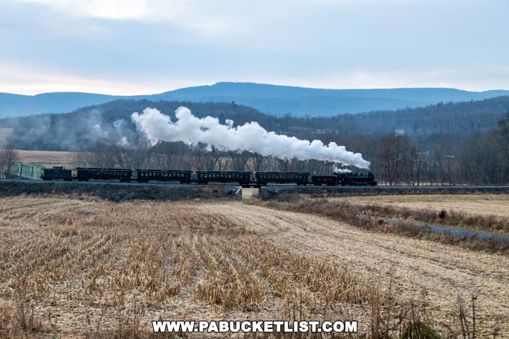 A classic steam train from the East Broad Top Railroad winds through a vast, open landscape in Huntingdon County, Pennsylvania. The train, emitting a long trail of white smoke, travels across a barren winter field with a backdrop of rolling hills and a cloudy sky, conveying a sense of historical travel through a serene rural setting.