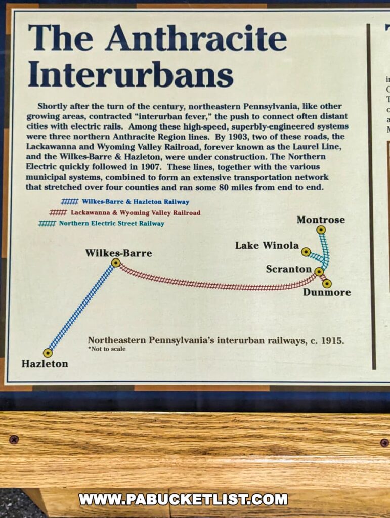 A sign at the Electric City Trolley Museum in Scranton, PA, explaining the history of the Anthracite interurban railways in northeastern Pennsylvania in the early 1900s.