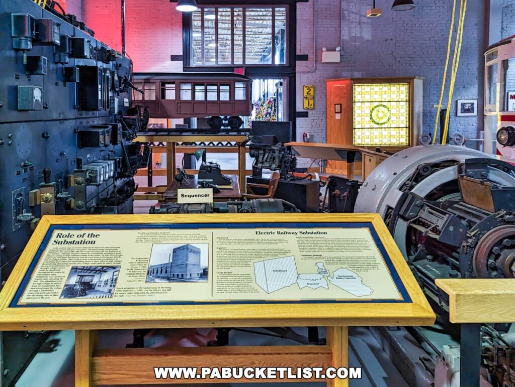 Exhibit at the Electric City Trolley Museum in Scranton, Pennsylvania, displaying the 'Role of the Substation' with historical equipment and informational panels against a backdrop of a brick wall and a stained glass window.