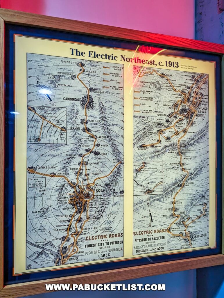 Framed historical map titled 'The Electric Northeast, c. 1913' on display at the Electric City Trolley Museum in Scranton, Pennsylvania, showing electric railway lines in the early 20th century.