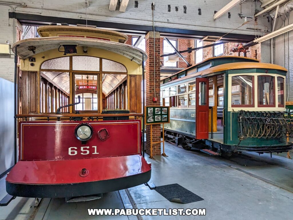 Interior view of the Electric City Trolley Museum in Scranton, Pennsylvania, showcasing a front view of a red and cream historic trolley car number 651, with another vintage trolley in the background.