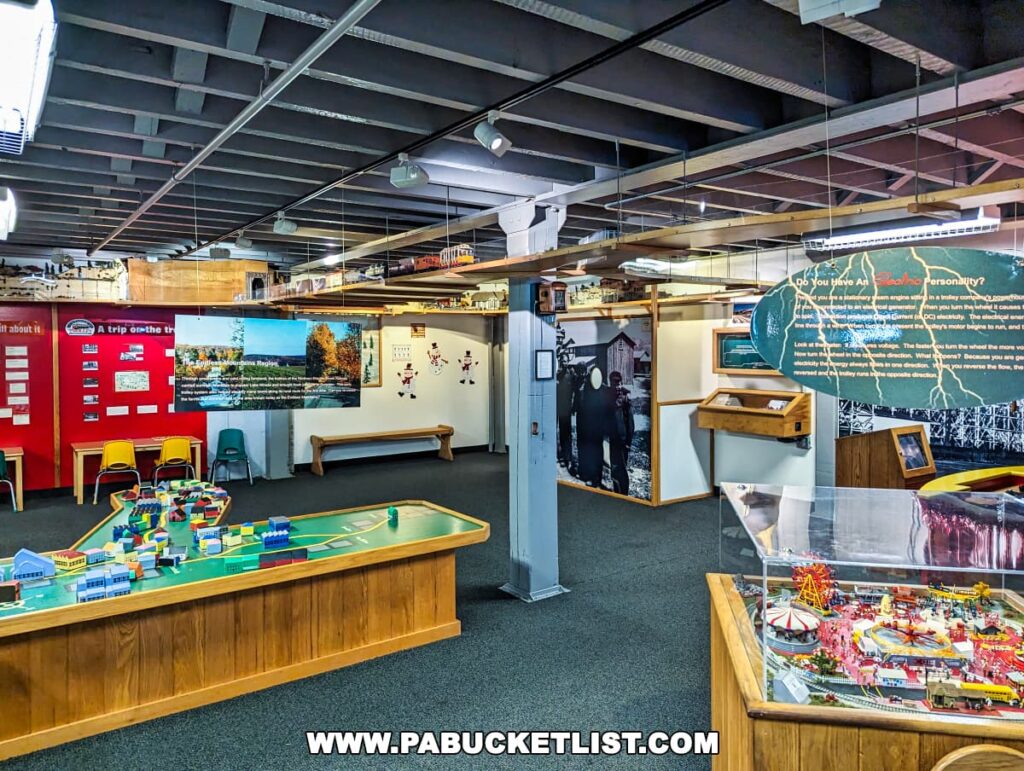 Interior of the Electric City Trolley Museum in Scranton, Pennsylvania, showing a children's play area with a toy train set, informative exhibits, and a model carnival, under the industrial ceiling.