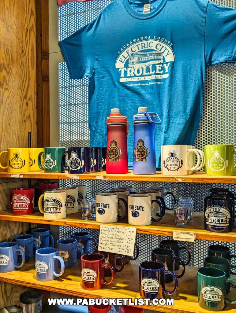 A colorful display of Electric City Trolley Museum merchandise, including coffee mugs, t-shirts, and tumblers, at the museum's gift shop in Scranton, PA.
