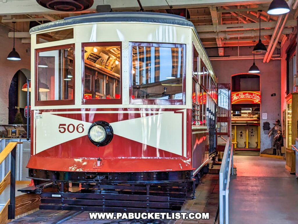 A vintage red and white trolley on display at the Electric City Trolley Museum in Scranton, PA.