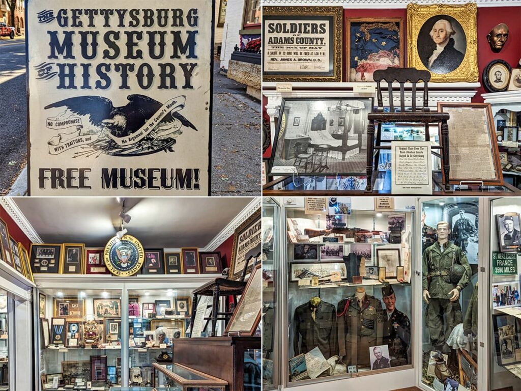 A photo collage from the Gettysburg Museum of History in Gettysburg, Pennsylvania. Top left shows the museum's street sign featuring an eagle and proclaiming 'FREE MUSEUM'. Top right depicts an exhibit with Civil War artifacts, including portraits and a chair. Bottom left is an interior view with various memorabilia and a large presidential seal. Bottom right presents military uniforms and World War memorabilia. Each image displays a part of the rich historical collection of the museum.