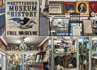 A photo collage from the Gettysburg Museum of History in Gettysburg, Pennsylvania. Top left shows the museum's street sign featuring an eagle and proclaiming 'FREE MUSEUM'. Top right depicts an exhibit with Civil War artifacts, including portraits and a chair. Bottom left is an interior view with various memorabilia and a large presidential seal. Bottom right presents military uniforms and World War memorabilia. Each image displays a part of the rich historical collection of the museum.