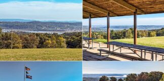 A vibrant collage of four images from Mount Pisgah Overlook in York County, Pennsylvania. Top left: A distant view of the Susquehanna River and its bridges amidst lush greenery. Top right: Inside a wooden pavilion with picnic tables, overlooking a scenic landscape. Bottom left: The American and Pennsylvania flags fluttering beside a picnic area with a path leading to a gazebo. Bottom right: A wooden bench faces an open field with a backdrop of the Susquehanna River. Each scene conveys the natural beauty and recreational opportunities the overlook offers.