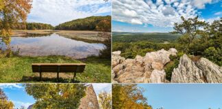 A collage showcasing the beauty of Pine Grove Furnace State Park in Cumberland County, PA, featuring: (top left) a wooden bench overlooking a reflective lake with autumn-colored trees, (top right) a rugged overlook with rocks and a lone pine tree against a landscape of rolling hills and a blue sky with fluffy clouds, (bottom left) an Appalachian Trail Museum sign in front of a historic stone building surrounded by lush greenery, and (bottom right) a serene lake scene with a mirror-like reflection of fall foliage on the water's surface.