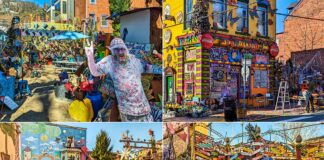 Collage of four images showcasing the eclectic and vibrant atmosphere of Randyland in Pittsburgh, featuring the artist Randy, colorful murals, whimsical art installations, and a multitude of playful objects.