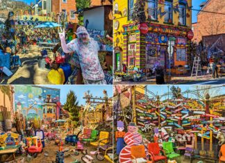 Collage of four images showcasing the eclectic and vibrant atmosphere of Randyland in Pittsburgh, featuring the artist Randy, colorful murals, whimsical art installations, and a multitude of playful objects.
