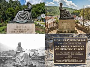 A collage of four images related to the Ashland Mothers' Memorial in Ashland, Pennsylvania. The top left photo shows the bronze statue of the seated woman with the pedestal inscription 'MOTHER / A MOTHER IS THE / HOLIEST THING ALIVE.' The top right photo is a side view of the statue overlooking the town. The bottom left is a historic black and white image of the statue's installation. The bottom right photo shows a plaque stating that the Mothers' Memorial has been placed on the National Register of Historic Places in 2020.