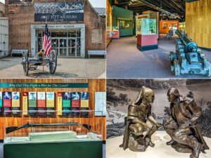 A photo collage from the Fort Pitt Museum in Pittsburgh, Pennsylvania, featuring (from top left to bottom right): the museum entrance with an American flag and cannon, the interior with exhibits and a cannon on display, an informational panel about the significance of the land, and a sculpture of two historical figures in discussion.