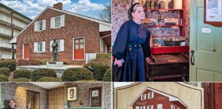 A photo collage from the Jennie Wade House in Gettysburg, Pennsylvania. Top left is the house's exterior with the statue of Jennie Wade. Top right shows a tour guide in period attire inside the house. Bottom left depicts a bedroom with a bed and a quilt. Bottom right is the establishment sign of the Jennie Wade House from 1901.