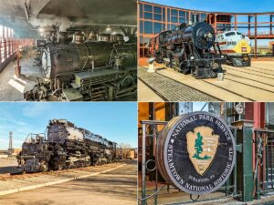 A four-image collage from Steamtown National Historic Site in Scranton, PA. Upper left shows a vintage steam engine number 26 inside a roundhouse with steam rising. Upper right features two locomotives, including engine 790, displayed on a turntable with a modern building in the background. Lower left is the Union Pacific 'Big Boy' steam engine number 4012, a large black locomotive parked outside. Lower right is the National Park Service round emblem displayed at the historic site.