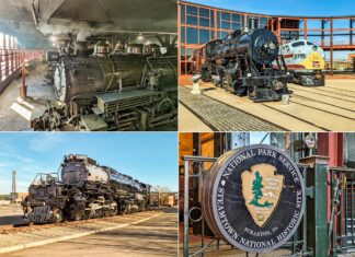 A four-image collage from Steamtown National Historic Site in Scranton, PA. Upper left shows a vintage steam engine number 26 inside a roundhouse with steam rising. Upper right features two locomotives, including engine 790, displayed on a turntable with a modern building in the background. Lower left is the Union Pacific 'Big Boy' steam engine number 4012, a large black locomotive parked outside. Lower right is the National Park Service round emblem displayed at the historic site.