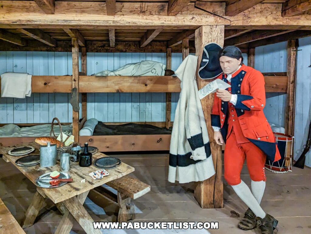 A lifelike diorama within the Fort Pitt Museum in Pittsburgh, Pennsylvania, featuring a mannequin dressed in a red colonial military uniform reading a letter. The setting includes wooden bunk beds, a rustic table set with period-appropriate utensils, bread, and a jug, creating an immersive depiction of barracks life during the colonial era.