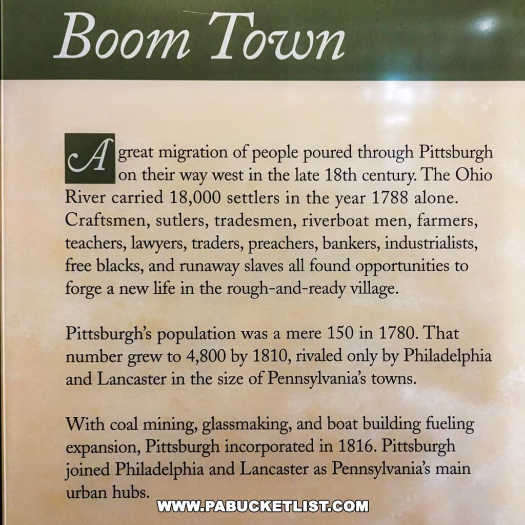 An informational exhibit panel titled 'Boom Town' at the Fort Pitt Museum in Pittsburgh, Pennsylvania. The text discusses the significant migration of people through Pittsburgh going west in the late 18th century, with the Ohio River carrying 18,000 settlers in 1788. It details the diverse group of people including craftsmen, tradesmen, and farmers, among others, who helped grow Pittsburgh’s population from 150 in 1780 to 4,800 by 1810.