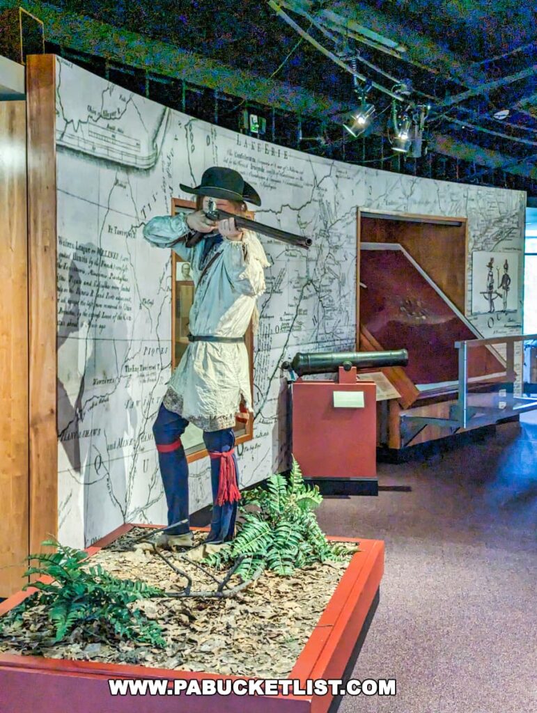 A museum exhibit at the Fort Pitt Museum in Pittsburgh, Pennsylvania, depicting an early settler aiming a long rifle. The life-size mannequin is set against a backdrop of a large historical map, illustrating the terrain and waterways of the region. The exhibit includes native flora to enhance the realism of the settler's environment.