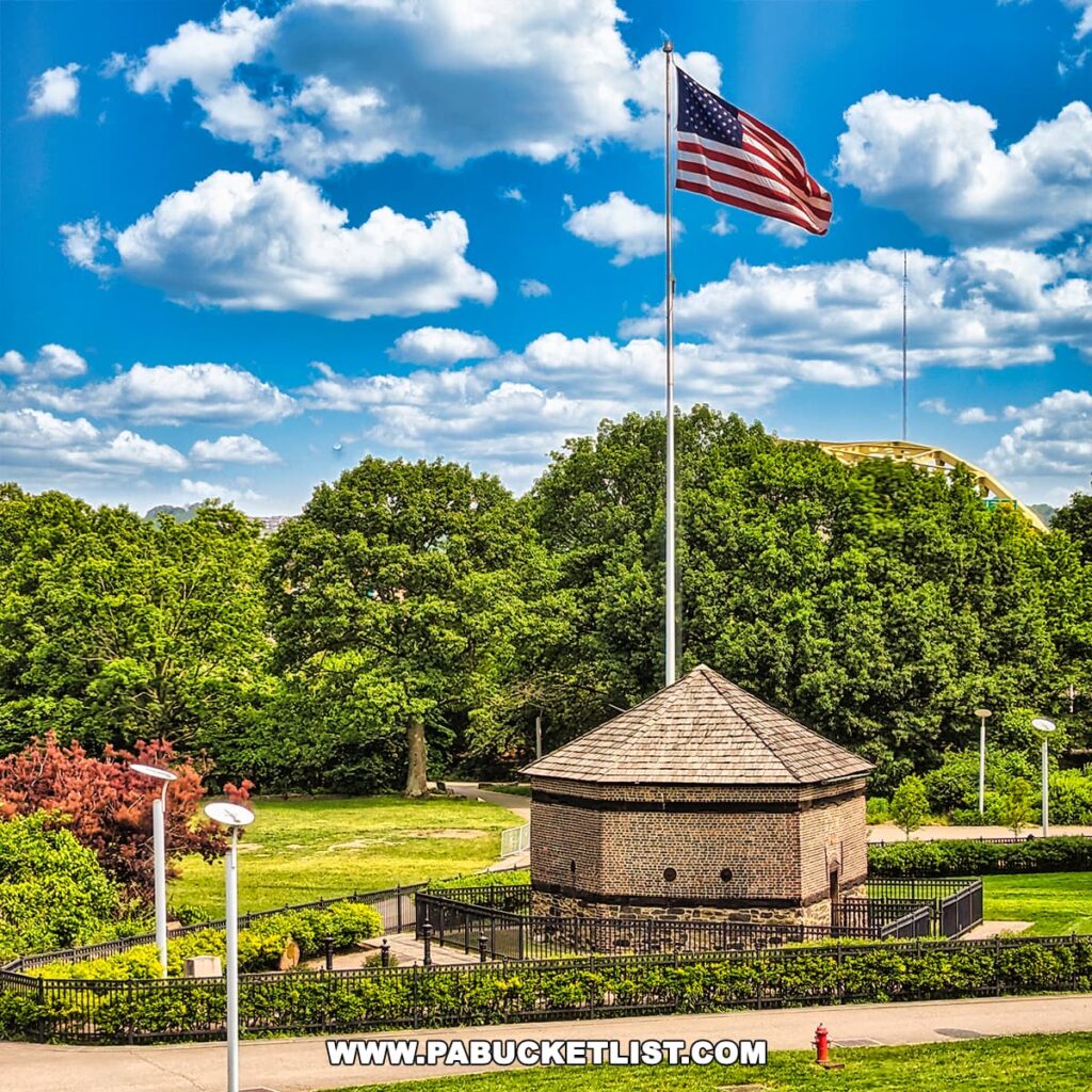 The Fort Pitt Blockhouse, a historic defensive structure, standing in a park-like setting with lush green trees surrounding it, in Pittsburgh, Pennsylvania. The American flag is proudly flying atop a tall flagpole against a backdrop of white clouds and blue sky.