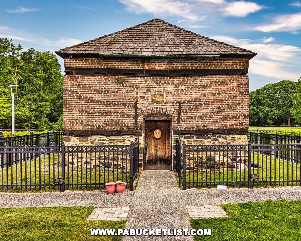 Front view of the Fort Pitt Blockhouse, the oldest architectural landmark in Pittsburgh, Pennsylvania, with its sturdy brick walls and wooden door. The structure is encircled by a black iron fence, and the scene is set against a vibrant green lawn and clear blue sky.