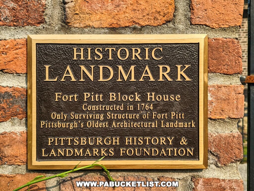 A commemorative plaque on a red brick wall at the Fort Pitt Museum, Pittsburgh, Pennsylvania, marking the Fort Pitt Blockhouse as a 'Historic Landmark'. The text on the plaque notes the blockhouse as the only surviving structure of Fort Pitt and Pittsburgh's oldest architectural landmark, constructed in 1764, presented by the Pittsburgh History & Landmarks Foundation.