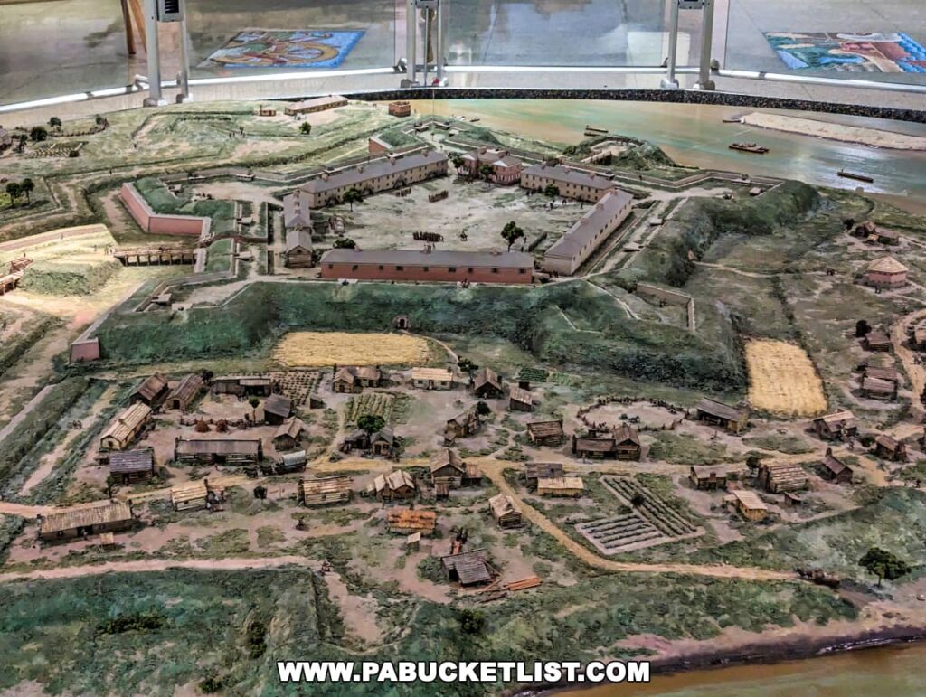 A detailed diorama at the Fort Pitt Museum in Pittsburgh, Pennsylvania, depicting the historical Fort Pitt complex with its multiple buildings, defensive walls, and surrounding landscape, including representations of the rivers and boats from the period.