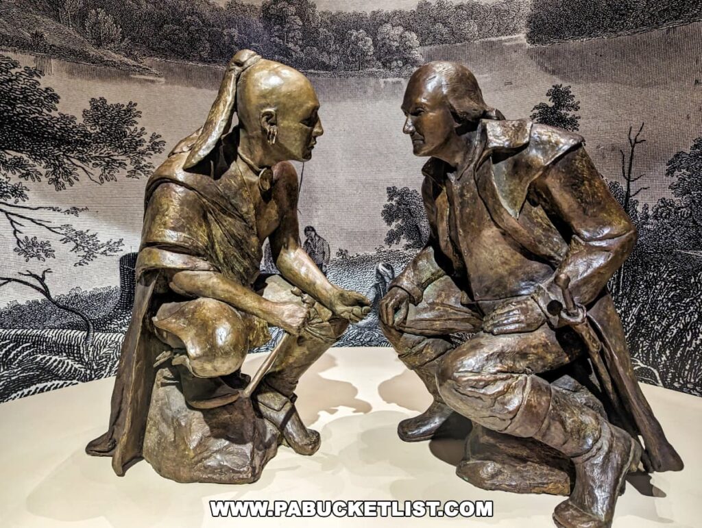 A bronze sculpture at the Fort Pitt Museum in Pittsburgh, Pennsylvania, depicting a meeting between Guyasuta, a Native American leader, and George Washington. They are portrayed in a moment of discussion, kneeling and facing each other against a backdrop with a printed landscape.