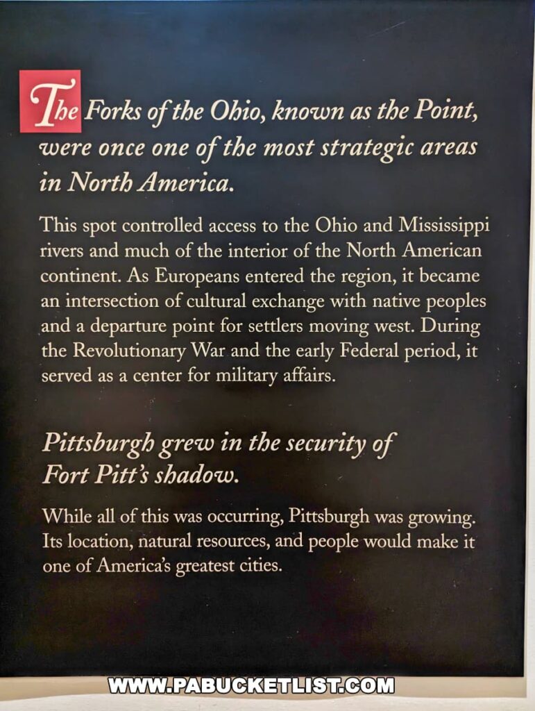 An educational exhibit panel at the Fort Pitt Museum in Pittsburgh, Pennsylvania, explaining the historical significance of 'The Forks of the Ohio,' also known as 'the Point.' It describes the area as one of the most strategic in North America for controlling access to the Ohio and Mississippi rivers and its role in cultural exchange, military affairs, and the growth of Pittsburgh.
