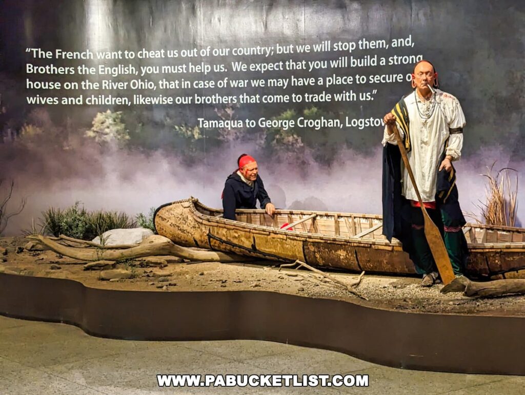 A diorama at the Fort Pitt Museum in Pittsburgh, Pennsylvania, featuring two life-size figures representing historical characters from the 18th century near a traditional canoe. The background is a quote from Tamaqua to George Croghan, expressing the need for a stronghold on the River Ohio to secure their families and trade.