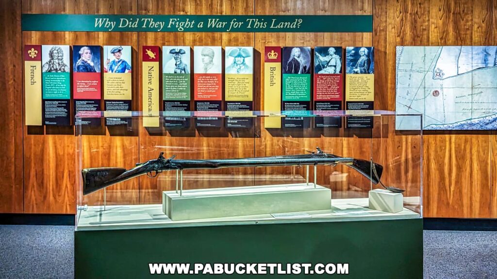 An educational exhibit at the Fort Pitt Museum in Pittsburgh, Pennsylvania, titled 'Why Did They Fight a War for This Land?' featuring a display of a historical rifle and a series of panels with narratives from French, Native American, and British perspectives, along with a map showing strategic locations.