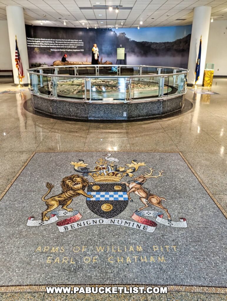 Inside the Fort Pitt Museum in Pittsburgh, Pennsylvania, showcasing a mosaic of the coat of arms of William Pitt, Earl of Chatham, embedded in the floor, with a diorama exhibit and flags in the background, including the American flag and the Pennsylvania state flag.