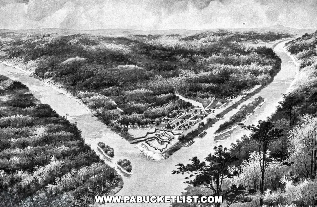 Artist's black and white rendition of Fort Pitt, located in present-day Pittsburgh, Pennsylvania, showing the historical fortifications from an aerial perspective surrounded by lush foliage along a river.