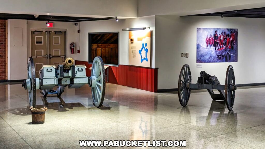 Two historical cannons prominently displayed on the polished floor at he Fort Pitt Museum. In the background, there's a colorful painting depicting colonial figures and explanatory exhibits lining the walls, providing context to the artifacts and the history of the region.