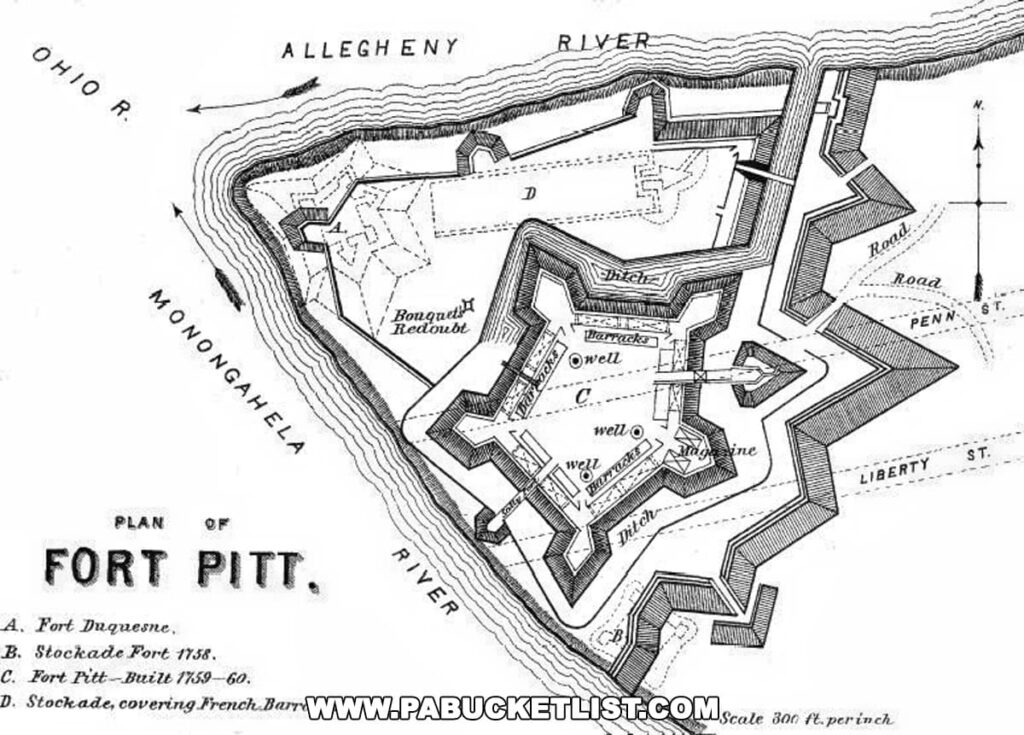 Historical map of Fort Pitt, detailed with the fort's layout and surrounding geographical features like the Ohio River, Allegheny River, and Monongahela River. The diagram labels various parts of the fort, including Fort Duquesne, the stockade from 1758, and other key structures, providing a glimpse into the fort's strategic design during the 18th century.
