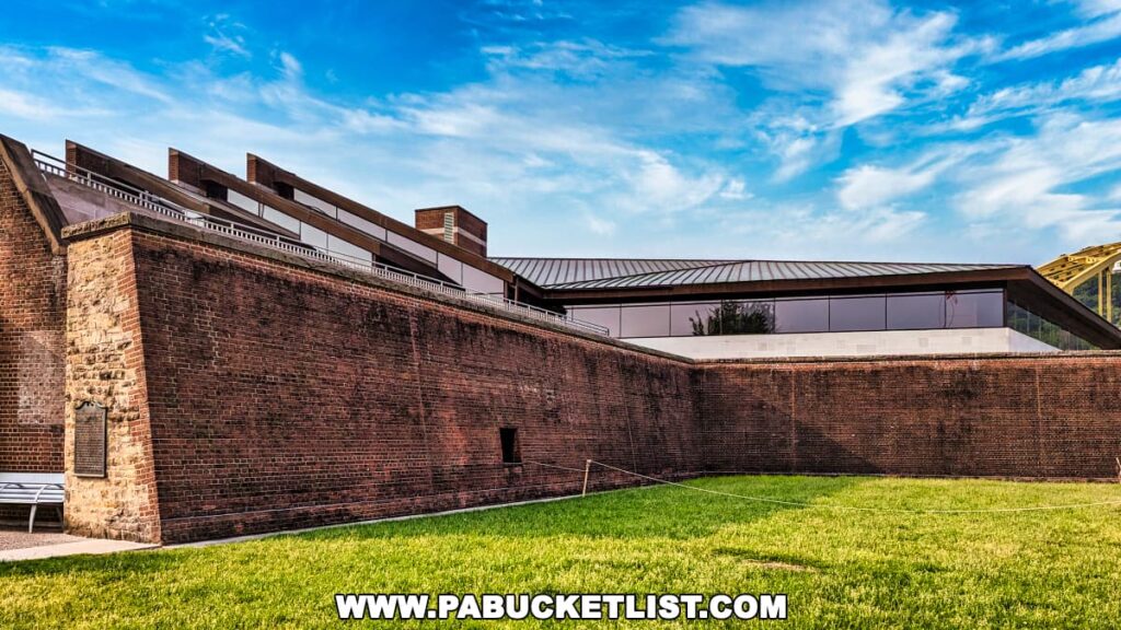 Side view of the Fort Pitt Museum in Pittsburgh, Pennsylvania, displaying the replica brick bastion walls with a modern museum building on top.