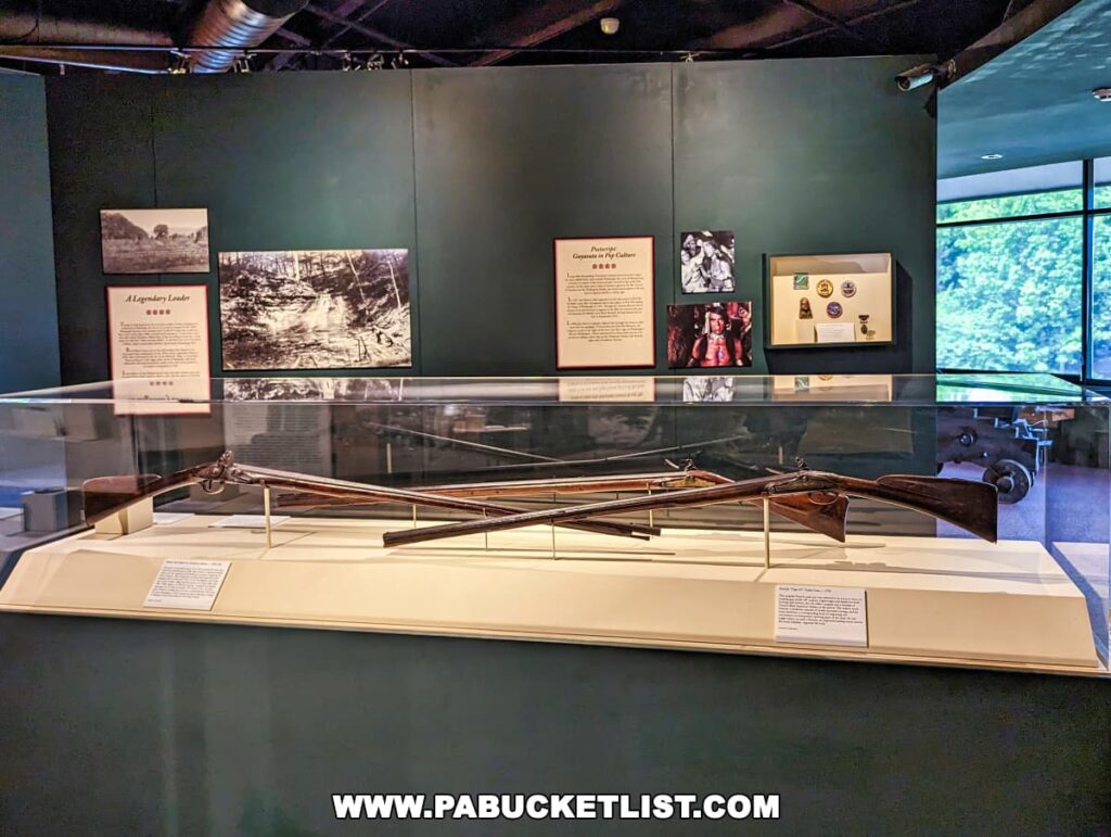 An exhibit at the Fort Pitt Museum in Pittsburgh, Pennsylvania, displaying two historical rifles placed on a stand, with informational panels and photographs in the background that provide context on the weaponry and its use during the time period.
