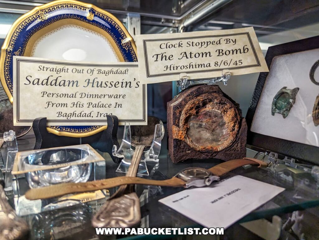 A display at the Gettysburg Museum of History featuring a plate labeled as 'Saddam Hussein’s Personal Dinnerware From His Palace in Baghdad, Iraq' and a charred clock with a sign 'Clock Stopped By The Atom Bomb Hiroshima 8/6/45'. The plate is ornate with a blue and gold border, and the clock, burnt and encased in glass, is a poignant reminder of the atomic bombing.