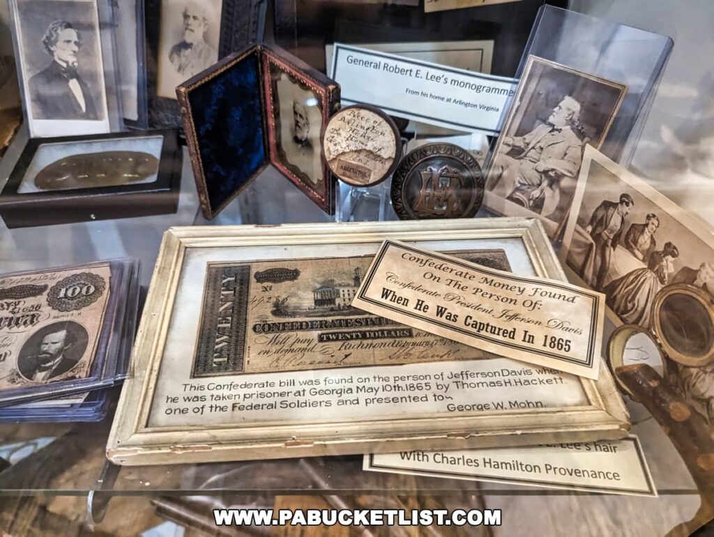 Historical artifacts on display at the Gettysburg Museum of History, including Confederate money purportedly found on Jefferson Davis when he was captured in 1865. Accompanying the money is an explanatory note and provenance information. Also visible are stacks of Confederate bills, photographs of historical figures, and a monogrammed item belonging to General Robert E. Lee. These items are carefully preserved under glass, capturing a moment in American history.