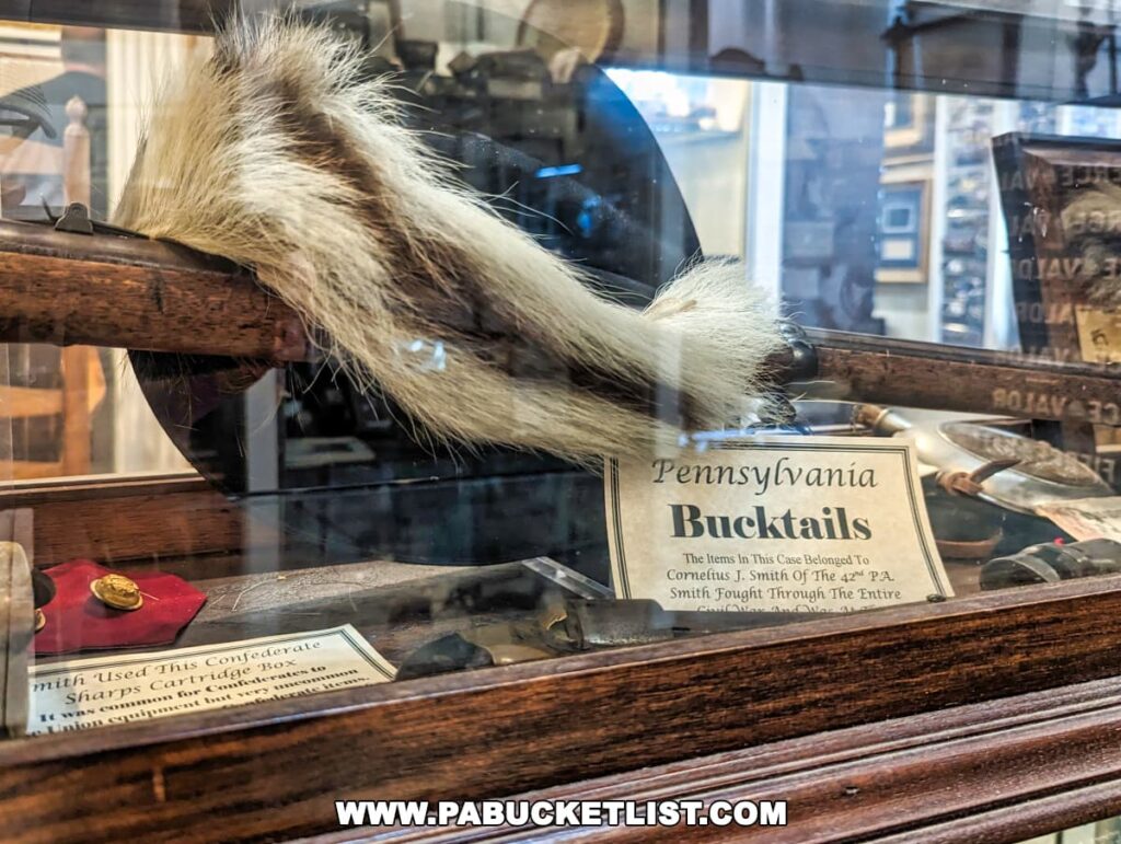 Display at the Gettysburg Museum of History featuring a piece of the 'Pennsylvania Bucktails,' a Civil War artifact. A deer tail is mounted above a descriptive card that explains the significance of the item, stating it belonged to Cornelius J. Smith of the 42nd Pennsylvania Infantry, who fought through the entire Civil War. The background shows various other artifacts, creating a rich historical tapestry.