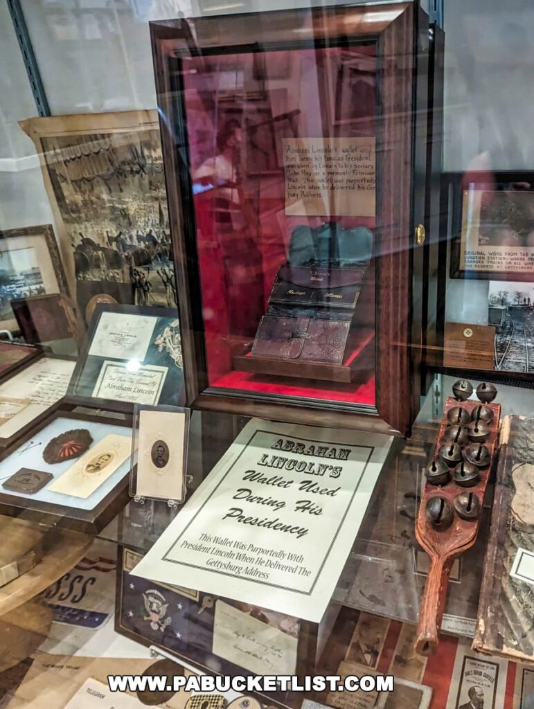 A display at the Gettysburg Museum of History featuring President Abraham Lincoln's wallet, with a sign indicating it was used during his presidency and reportedly with him when he delivered the Gettysburg Address. The wallet is placed within a red-framed glass case. Surrounding the wallet are various other Civil War-era artifacts and documents, creating a context of historical significance.