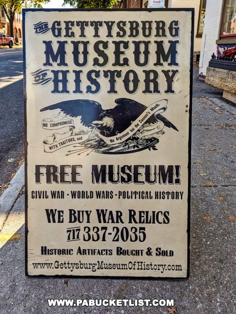 A sidewalk sign for the Gettysburg Museum of History located in Gettysburg, Pennsylvania. The sign proclaims 'FREE MUSEUM' and lists 'Civil War - World Wars - Political History' as the main topics. It also mentions the purchase and sale of war relics and historic artifacts, providing a contact number and the museum's website.
