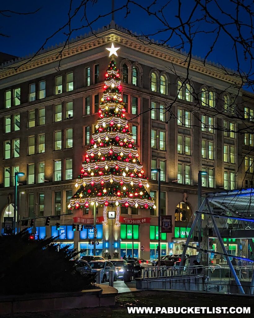 Christmas tree on the side of Horne's Department Store in downtown Pittsburgh Pennsylvania.