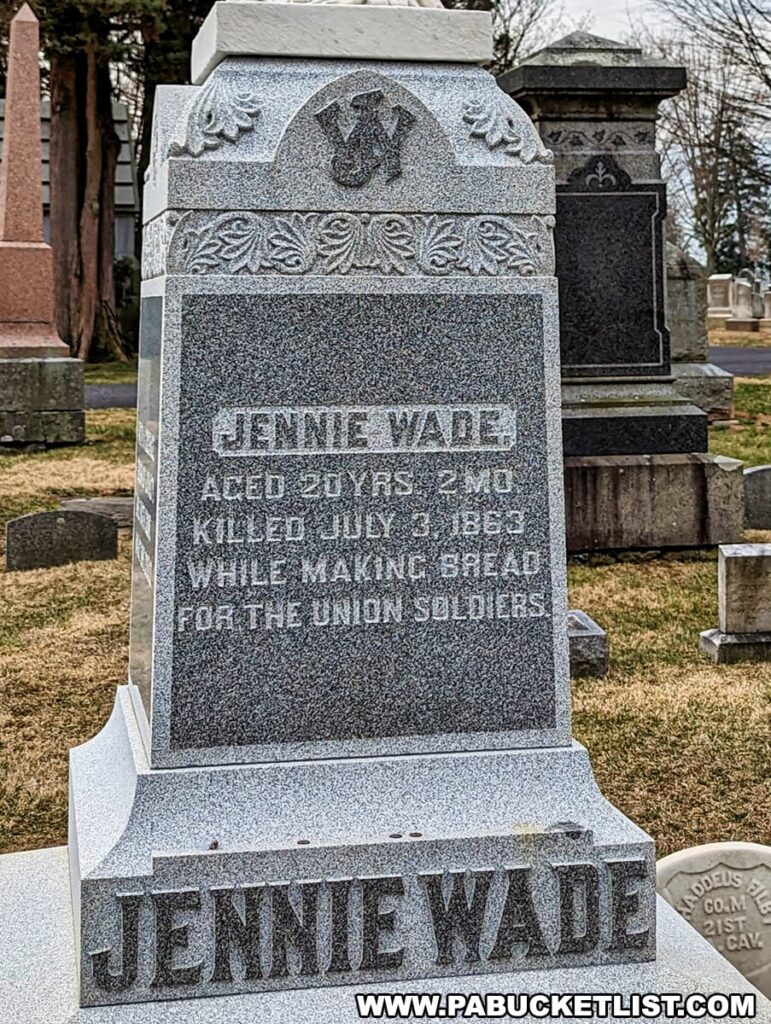 The gravestone of Jennie Wade at Evergreen Cemetery in Gettysburg, Pennsylvania, with an inscription detailing her age at death, 20 years and 2 months, and noting she was killed on July 3, 1863, while making bread for Union soldiers. The stone is carved with her name and a relief of an anchor, symbolizing hope.