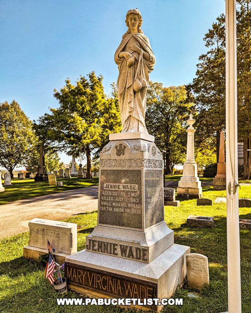 The statue of Jennie Wade at her gravesite in Evergreen Cemetery, Gettysburg, Pennsylvania. The monument includes an inscription with her name, age, and the date of her death while making bread for Union soldiers, flanked by an American flag and set against a backdrop of lush trees and clear blue sky.