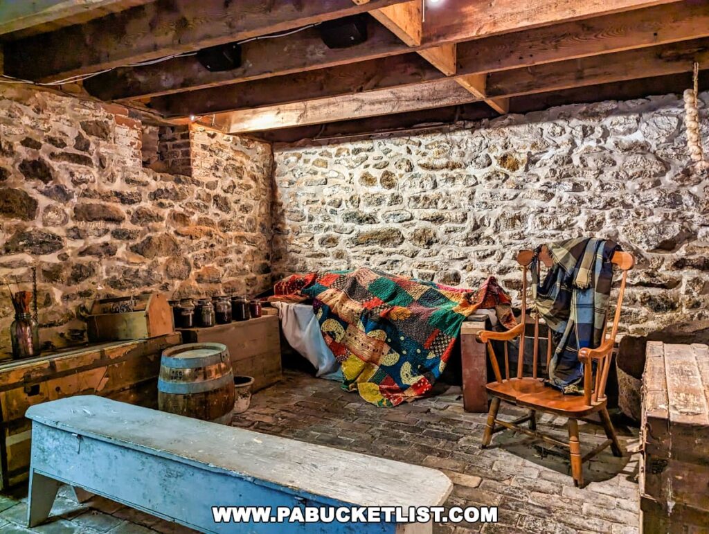 A rustic stone basement room at the Jennie Wade House in Gettysburg, Pennsylvania, featuring stone walls and wooden beams. The room is furnished with a wooden bench, a rocking chair with a plaid jacket, a quilt-draped bed, a wooden barrel, and a chest, evoking a historical atmosphere.