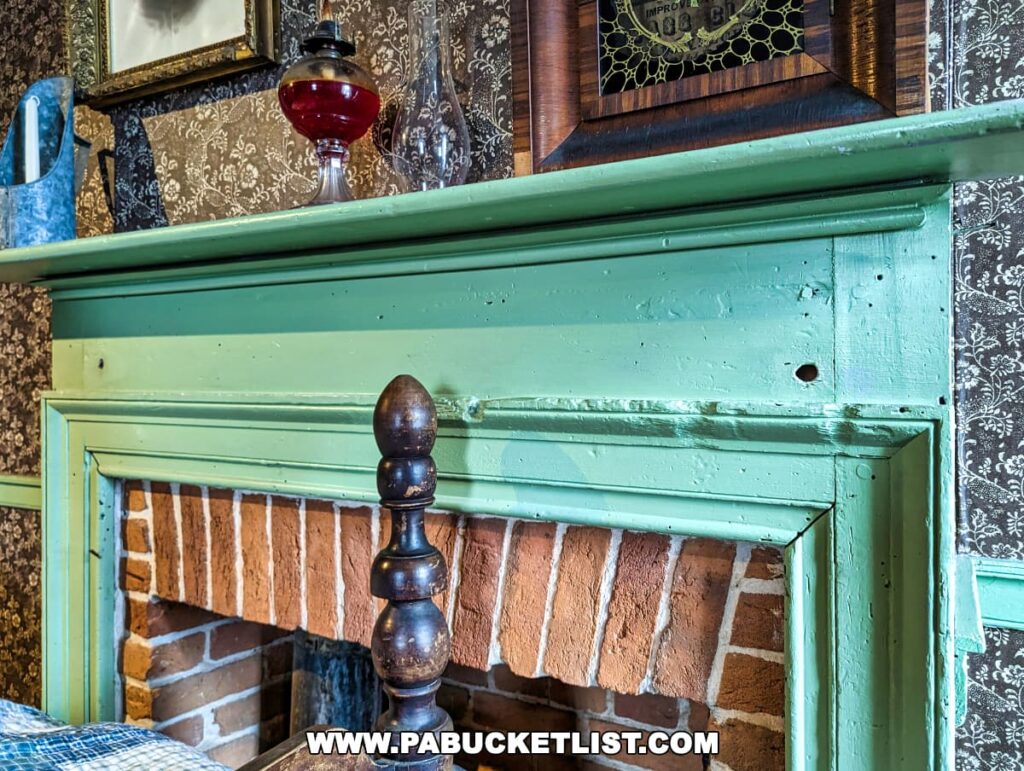 Close-up of a vintage green-painted wooden fireplace mantle with a visible bullet hole, in the Jennie Wade House, Gettysburg, Pennsylvania. Above the mantle hang an old-fashioned oil lamp and a wooden clock, set against a floral-patterned wallpaper, evoking a 19th-century home interior.