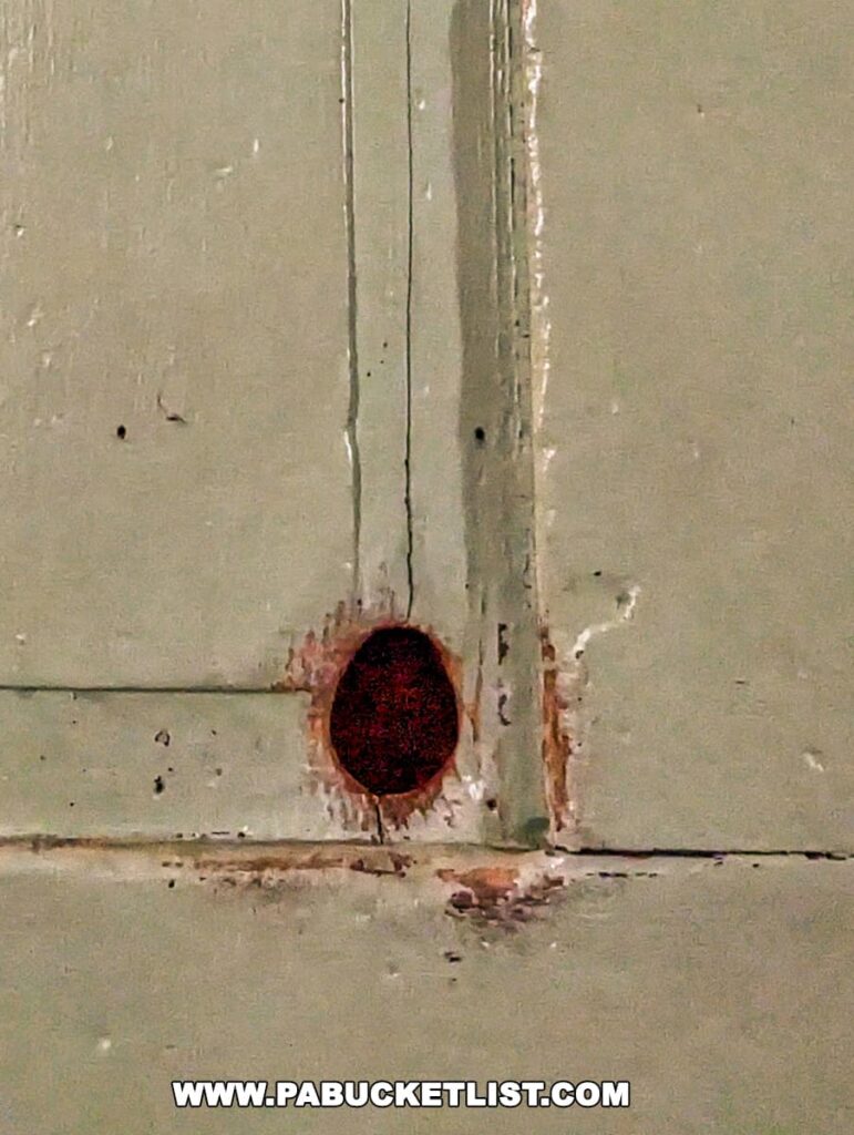 A close-up image of a weathered green wooden door with a round, dark bullet hole through it, found at the Jennie Wade House in Gettysburg, Pennsylvania, illustrating the impact of the Civil War on this historic home.