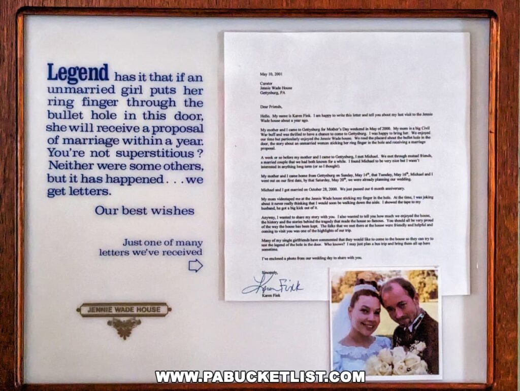A framed display at the Jennie Wade House in Gettysburg, Pennsylvania, featuring a legend that suggests an unmarried girl will receive a marriage proposal within a year if she puts her ring finger through the bullet hole in the door. Accompanying the text is a testimonial letter from a visitor who experienced this legend come true, alongside a photo of the happy couple.