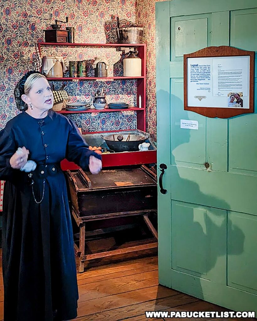 A costumed tour guide, dressed in period-appropriate attire, is speaking and gesturing in a room of the Jennie Wade House in Gettysburg, Pennsylvania. The room is decorated with vintage wallpaper and contains a red shelf with old-fashioned kitchenware. On the green door, there is a framed legend and letter about the house's history.